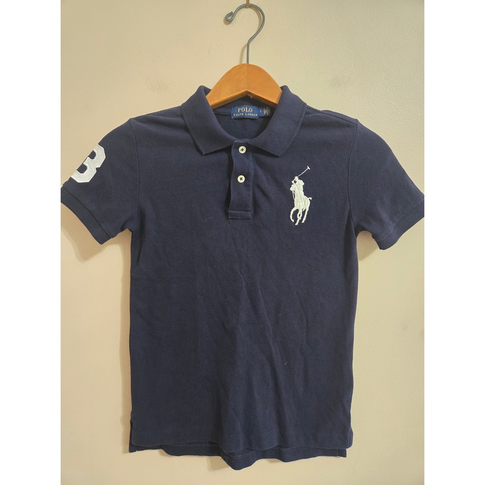 Polo Ralph Lauren Boys Navy Blue Big Pony Polo Shirt Size 7 Number 3 Patch